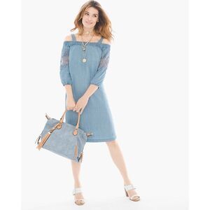 CHICO'S OFF SHOULDER CROCHET INSET CHAMBRAY CASUAL CLASSIC CHIC DRESS MEDIUM/6